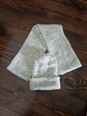 Hand Knit Ivory Tweed Beanie Scarf Set | Cozy Winter Accessories, 67" Scarf